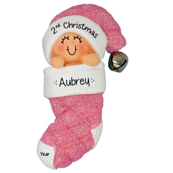 Baby Girl's 2nd Christmas PINK Glittered Stocking Ornament