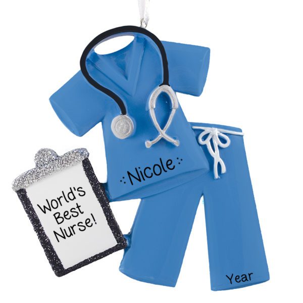World's Best Nurse BLUE Scrubs Glittered Personalized Ornament