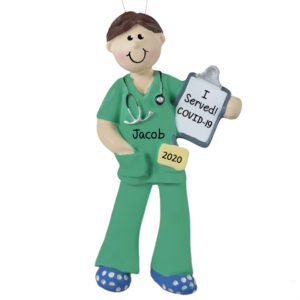 Proud To Serve GREEN Scrubs Ornament MALE BROWN