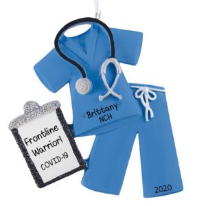 Frontline Warrior Personalized BLUE Scrubs And Stethoscope Ornament