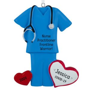 Nurse Practitioner Frontline Warrior Personalized BLUE Scrubs Ornament