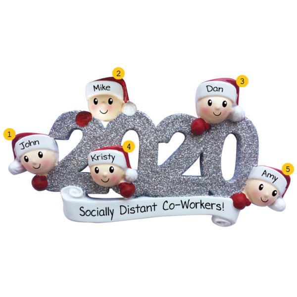 Personalized 2020 Five Socially Distant Coworkers Glittered Numbers Ornament
