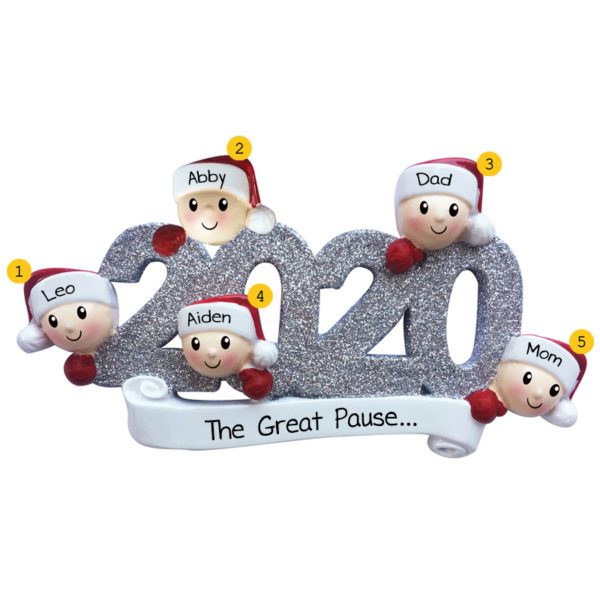 Family Of 5 During The Great Pause 2020 Glittered Numbers Ornament