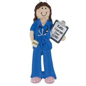 Courage Over COVID FEMALE Nurse/Doctor BLUE Scrubs Personalized Ornament