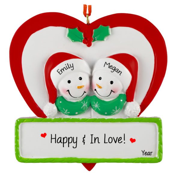 Personalized Two LGBTQ Snowmen in Heart Ornament