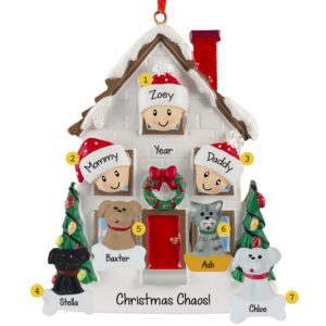 Personalized House Family Of Three With 4 Pets Ornament