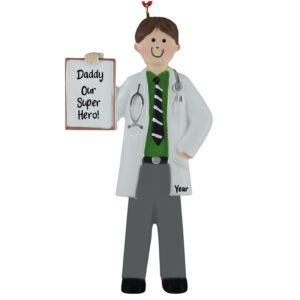 Image of Super Hero Doctor Dad Holding Clipboard Personalized Ornament BROWN