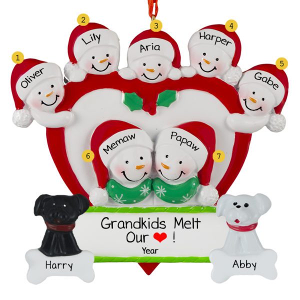 Grandparents With 5 Grandkids And 2 Dogs Around Heart Personalized Ornament