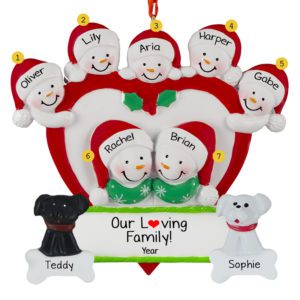 Personalized Family Of 7 With 2 Dogs Around Heart Ornament