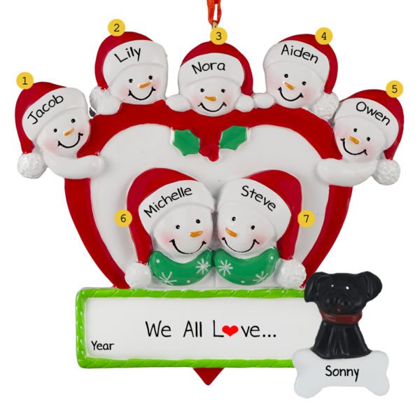 Personalized Family Of 7 With Dog Around Heart Ornament
