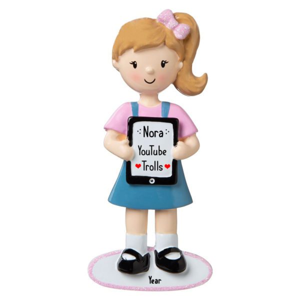 Image of Personalized Little GIRL With Bow Holding iPad Ornament