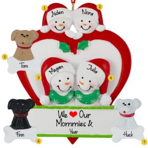 Personalized Two Moms And 2 Kids With 3 Pets Heart Ornament
