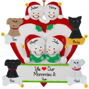 Personalized Two Moms And Two Kids With 4 Pets Ornament