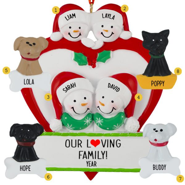 Personalized Family Of 4 In Heart With 4 Pets Ornament