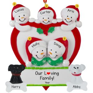 Personalized Family Of 5 In Heart With 2 Pets Ornament