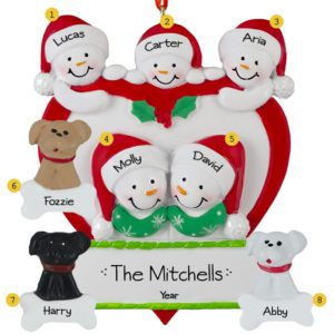 Personalized Family Of 5 In Heart With 3 Pets Ornament