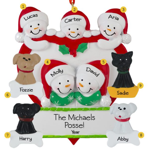 Personalized Family Of 5 In Heart With 4 Pets Ornament