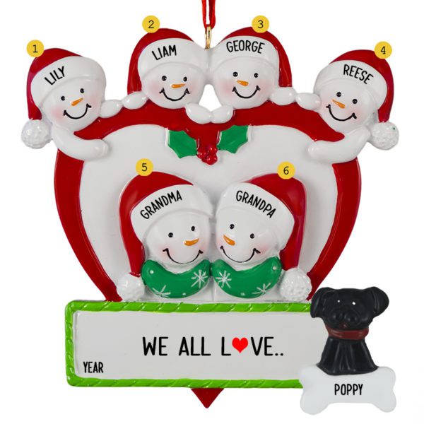 Personalized Grandparents And 4 Grandkids In Heart With Pet Ornament