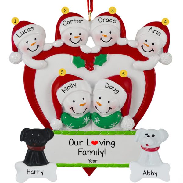 Personalized Family Of 6 In Heart With 2 Pets Ornament