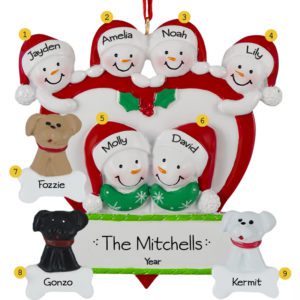 Personalized Family Of 6 In Heart With 3 Pets Ornament