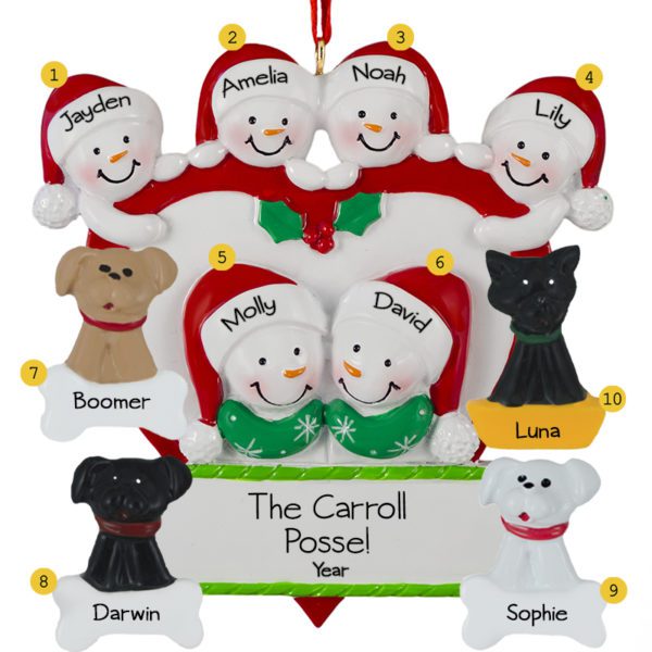 Personalized Family Of 6 In Heart With 4 Pets Ornament