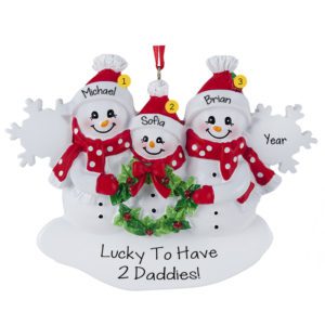 Personalized Two Dads And 1 Child Holding Wreath Ornament