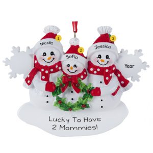 Personalized Two Moms And 1 Child Holding Wreath Ornament