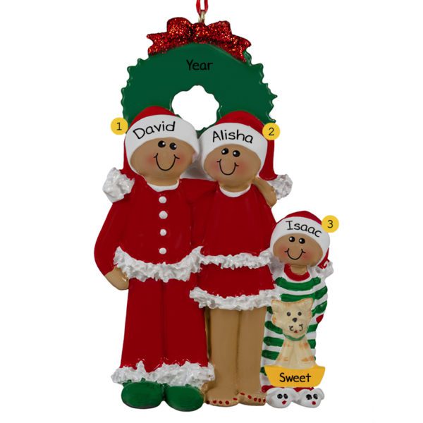 Image of African American Family Of 3 In Pajamas With Cat Ornament