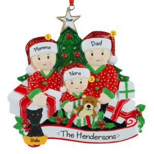 Personalized Family of 3 Opening Presents With Cat Ornament