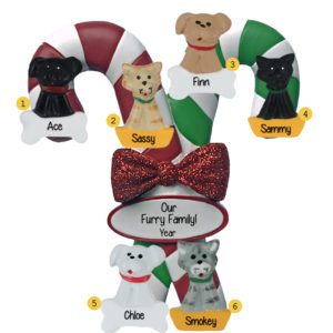 Personalized 6 Pets On Candy Cane Glittered Bow Ornament