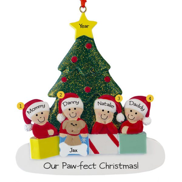 Personalized Family Of 4 With Dog Glittered Tree Ornament