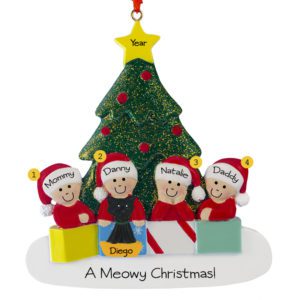 Image of Personalized Family Of 4 With Cat Glittered Tree Ornament