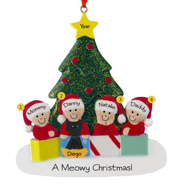 Personalized Family Of 4 With Cat Glittered Tree Ornament