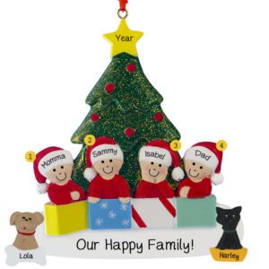 Personalized Family Of 4 With 2 Pets Glittered Tree Ornament