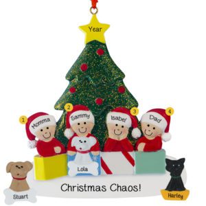 Personalized Family Of 4 With 3 Pets Glittered Tree Ornament