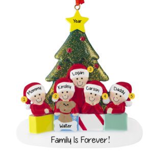 Personalized Family Of 5 With Pet Glittered Tree Ornament