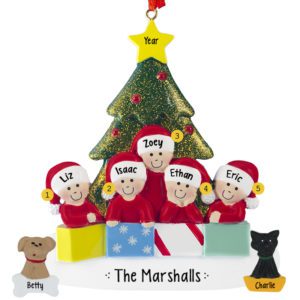 Image of Personalized Family Of 5 With 2 Pets Glittered Tree Ornament