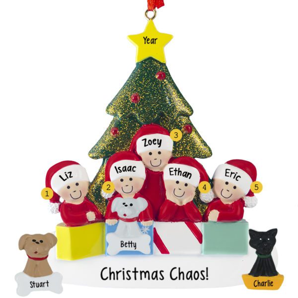 Personalized Family Of 5 With 3 Pets Glittered Tree Ornament
