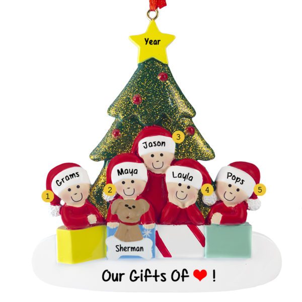 Grandparents And 3 Grandkids With Pet Glittered Tree Ornament