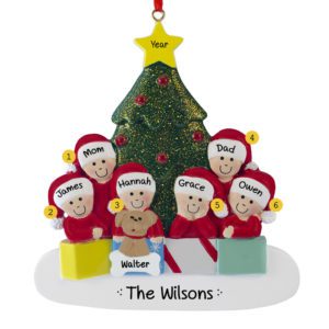 Personalized Family Of 6 With Pet Glittered Tree Ornament