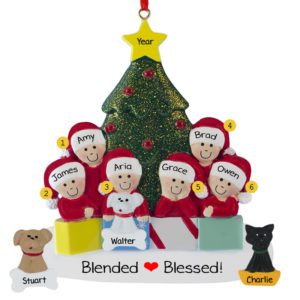 Personalized Family Of 6 With 3 Pets Glittered Tree Ornament