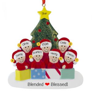 Image of Personalized Family Of 7 In Front Of Glittered Tree Ornament