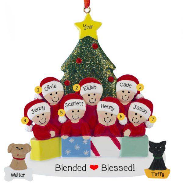 Personalized Family Of 7 With 2 Pets Glittered Tree Ornament