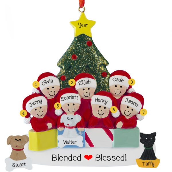 Personalized Family Of 7 With 3 Pets Glittered Tree Ornament