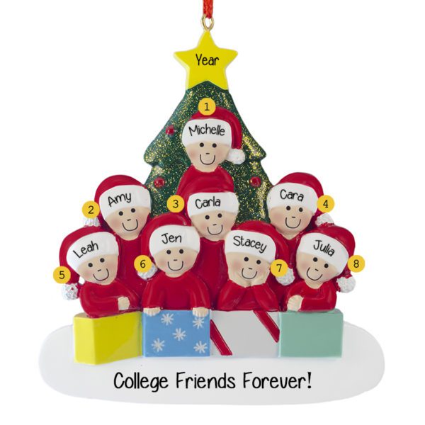 Personalized Group Of 8 In Front Of Glittered Tree Ornament