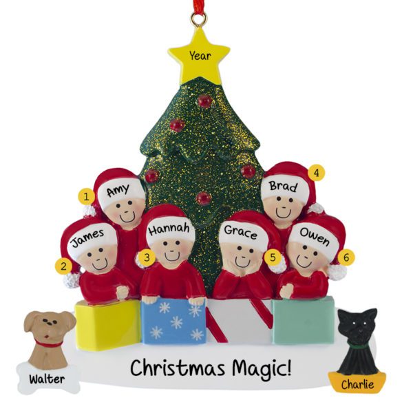 Personalized Family Of 6 With 2 Pets Glittered Tree Ornament