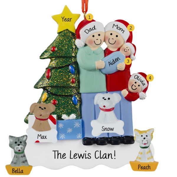 Image of Family Of 4 With Baby BOY And 4 Pets Glittered Tree Ornament