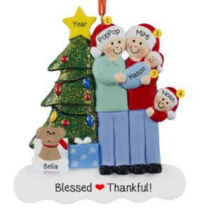 Image of Grandparents With Baby BOY 1 Grandchild And Dog Glittered Tree Ornament