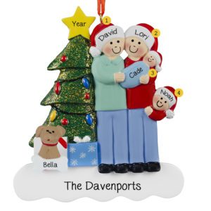 Image of Family Of 4 With Baby BOY And Dog Glittered Tree Ornament