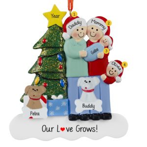 Family Of 4 With Baby BOY And 2 Dogs Glittered Tree Ornament
